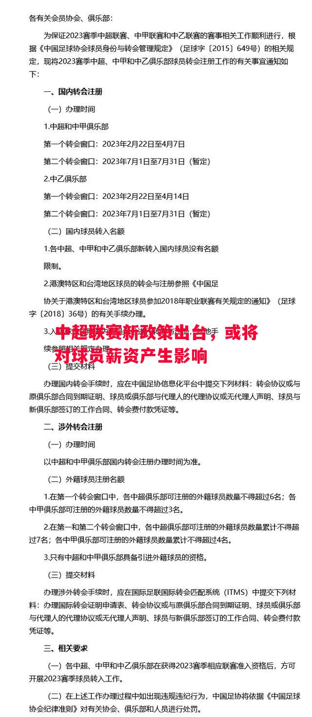 中超联赛新政策出台，或将对球员薪资产生影响